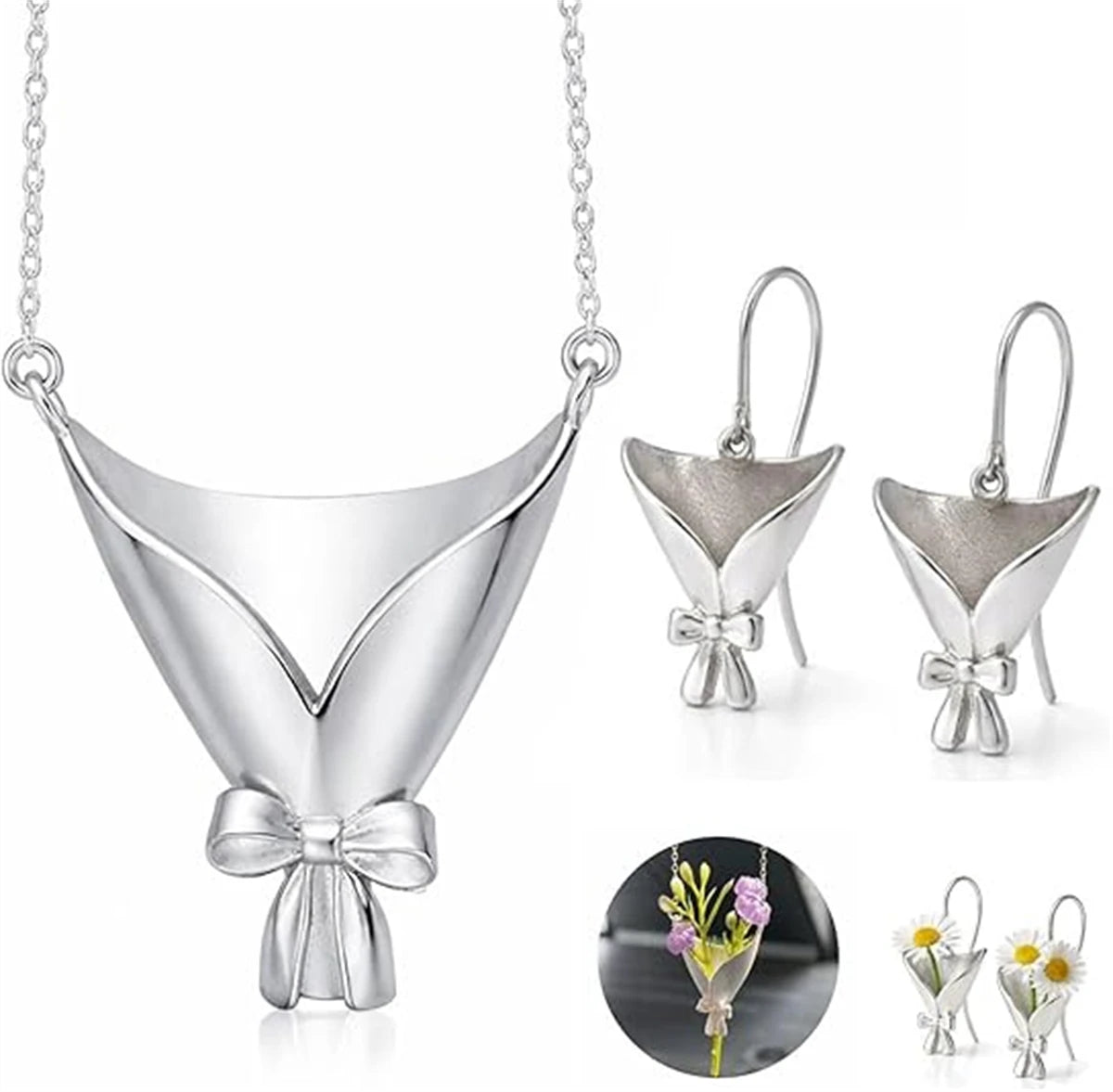 Wearable Bouquet Clip Flower Holder Earring and Necklace Set for Women Gold Tone Dainty Floral Jewelry Set Gift