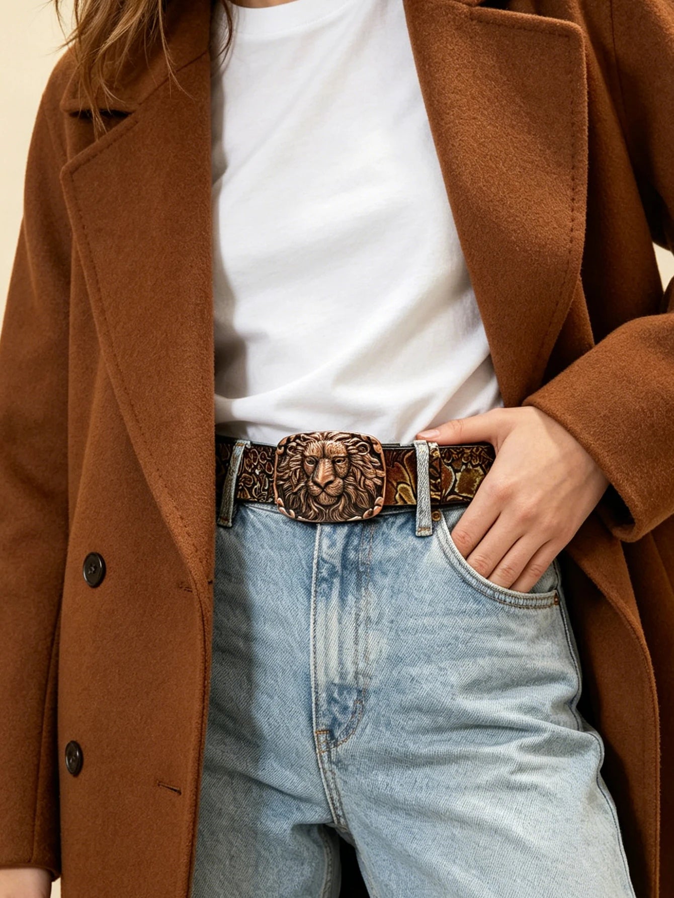 Vintage Lion Head Engraved Belt, Antique Bronze Buckle Men's Floral Embossed Cowboy Waistband
