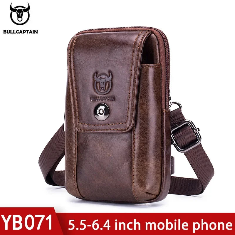 BULLCAPTAIN Genuine Leather Men's Waist Packs Phone Pouch Bags Waist Bag Male Small Chest Shoulder Belt Bag Small Waist Packs