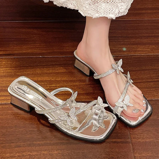 2025 Fashion Silver Crystal Sandals Women Rhinestone Butterfly Thick Heel Sandles Woman Summer Med Heeled Party Shoes Female
