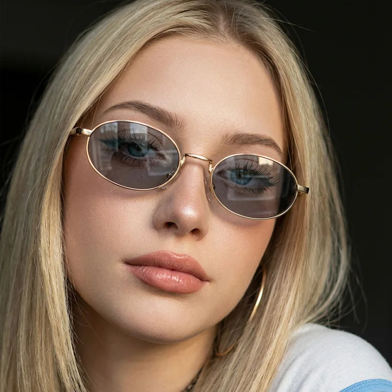 JNPCXI New Vintage Metal Small Oval Punk Women Sunglasses Fashion Green Gradient Shades UV400