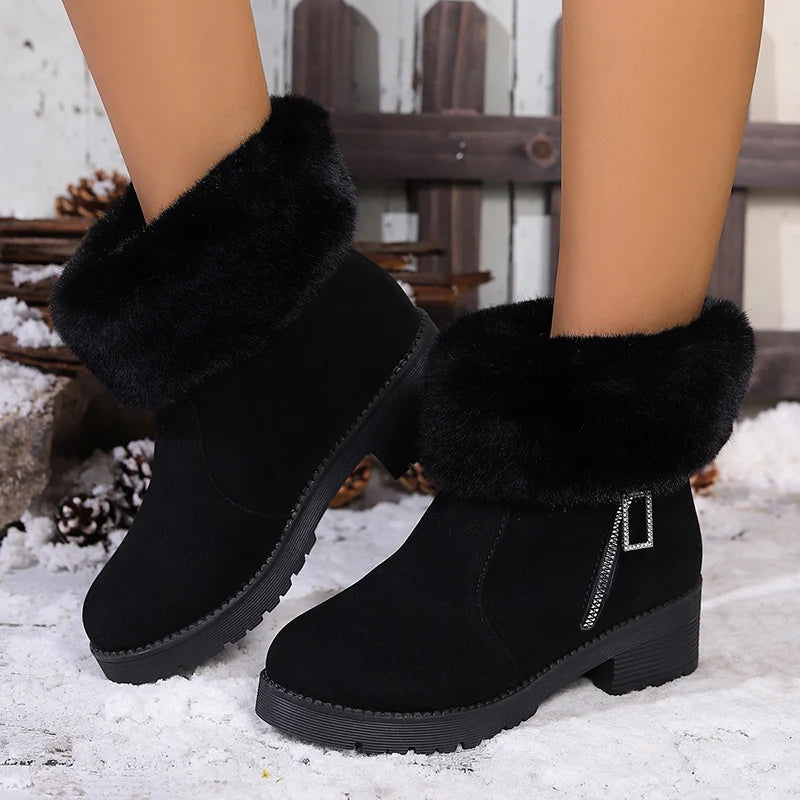 Winter Faux Fur Thick Heels Ankle Boots Women Faux Suede Short Plush Warm Snow Boots Woman 2025 Zipper Plush Winter Botas Mujer