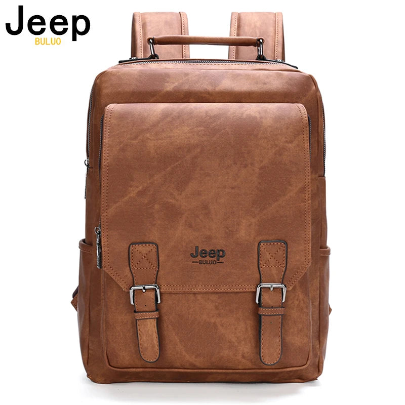 JEEP BULUO Men's Backpack Travel 15" Laptop Bag Waterproof PU Leather School Bag