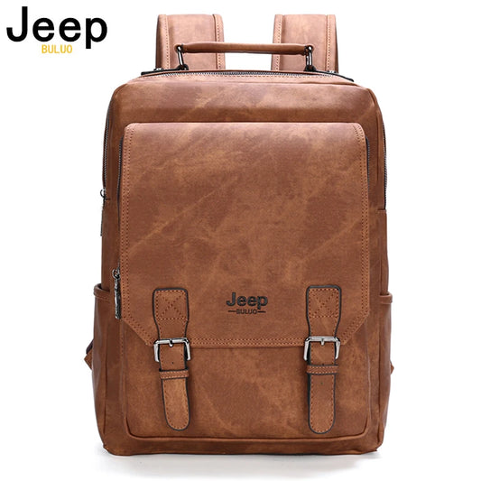 JEEP BULUO Men's Backpack Travel 15" Laptop Bag Waterproof PU Leather School Bag