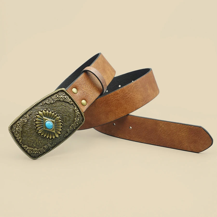 Elegant Vintage Royal Style Women's Belt with Floral Design and Blue Turquoise Inlaid Alloy Buckle - Ideal for Daily Commute and