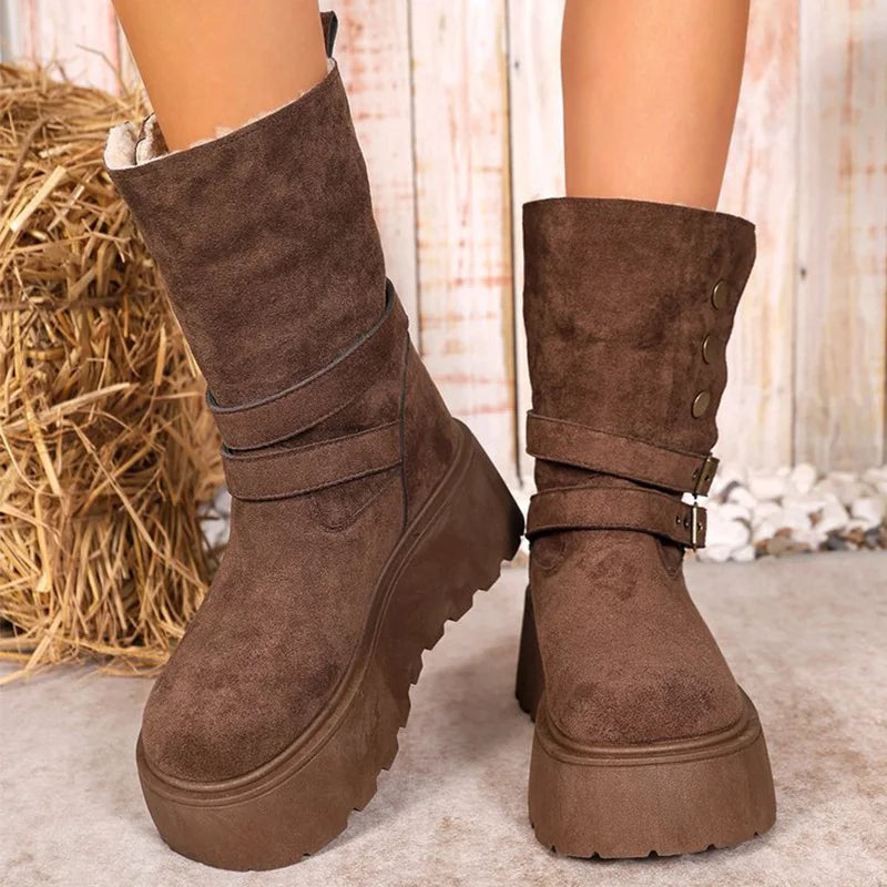 Brown Chunky Platform Women's Snow Boots Winter Retro Button Buckle Detor Snow Boots Woman Faux Suede Keep Warm Botas Mujer