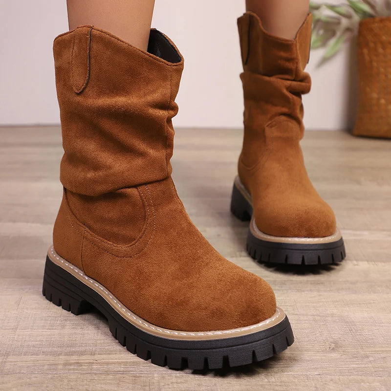 Plus Size 43 Flock Platform Ankle Boots Women Slip On Thick Sole Pleated Short Booties Mujer Anti Slip Autumn Winter Boots