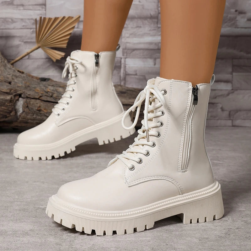 2025 Zippers Platform Ankle Boots for Women Autumn Winter Warm Thick Plush Short Booties Mujer Thick Sole Lace Up Boots Woman