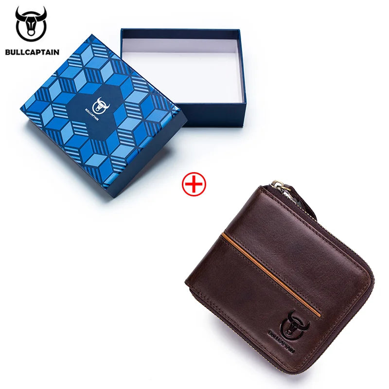 BULLCAPTAIN Genuine Leather Men's Wallet Vintage Zipper with Partition Clip RFID Credit Card Holder Burglar Leather Mini Wallet