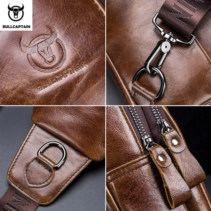 BULLCAPTAIN Leather Fashion Men's Chest Bags Casual Messenger Bag's Multi-Function Mobile Phone Compartment Bages Chest Bag Men