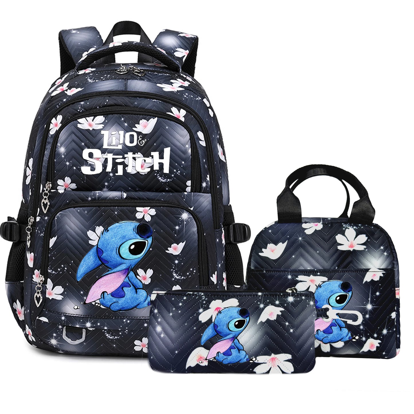 3PC Black Lilo Stitch XL Backpack Lightweight School Student Travel Lunch Bag 03