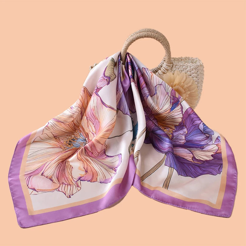 1pc Sweet Large Flower Print Silk Satin Square Scarf Women's Hair Accessory Spring New Style Versatile Belt Bag Decoration Heads