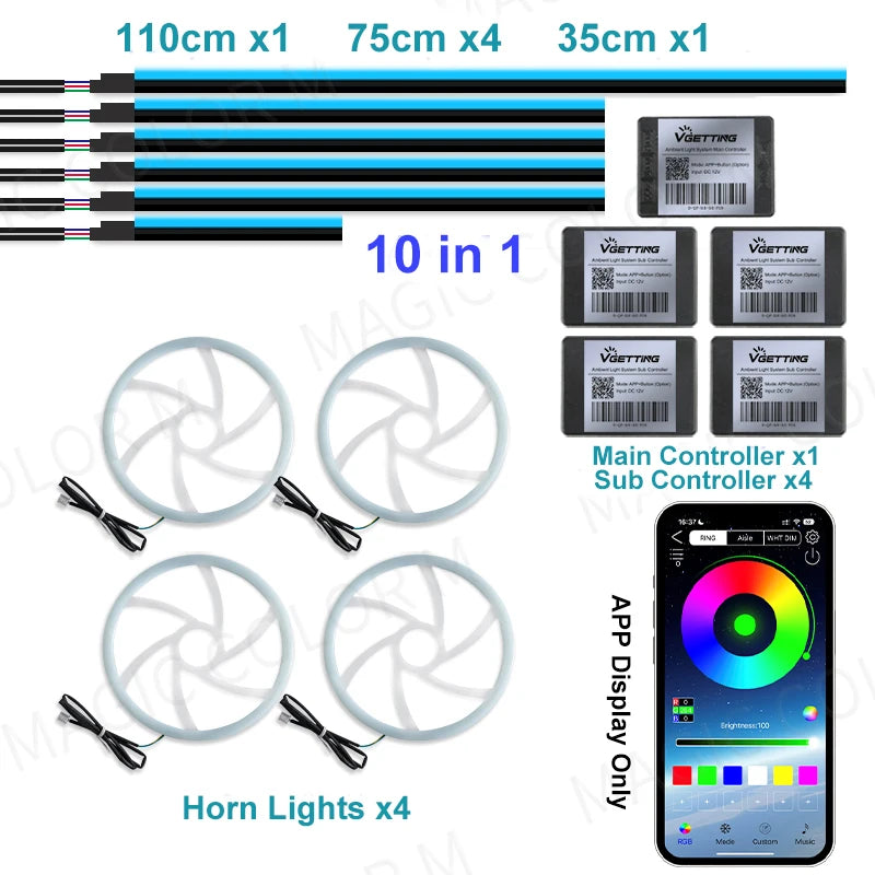 22 In 1 Full Color Streamer Car Ambient Lights RGB 64 Color Universal LED Interior Hidden Acrylic Strip Symphony Atmosphere Lamp