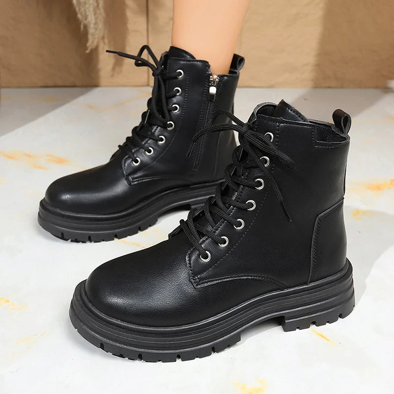 Fashion Lace Up Black Ankle Boots for Women Autumn Winter Zip Platform Combat Boots Woman Classic Pu Leather Short Booties Mujer