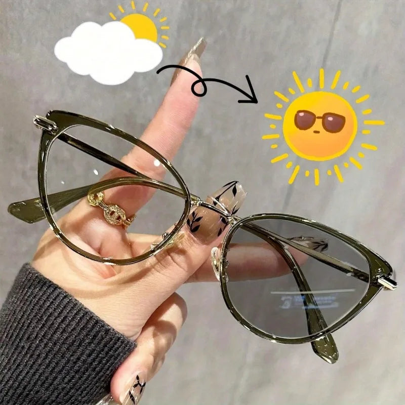 Color Changing Lenses Transparent To Grey Fashionable Cat Eye Transparent Lenses Women's Glasses Anti Blue Light