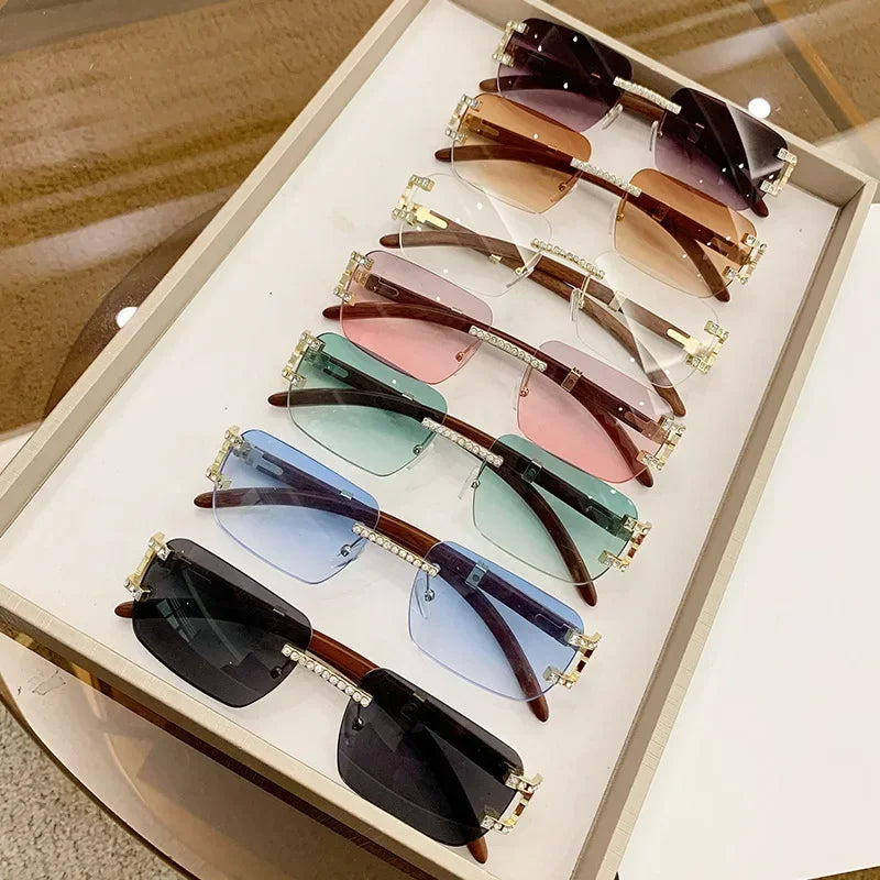 JNPCXI Fashion Luxury Brand Designer Rimless Diamond Sunglasses Women Crystal Rhinestone Square Sun Glasses for Female
