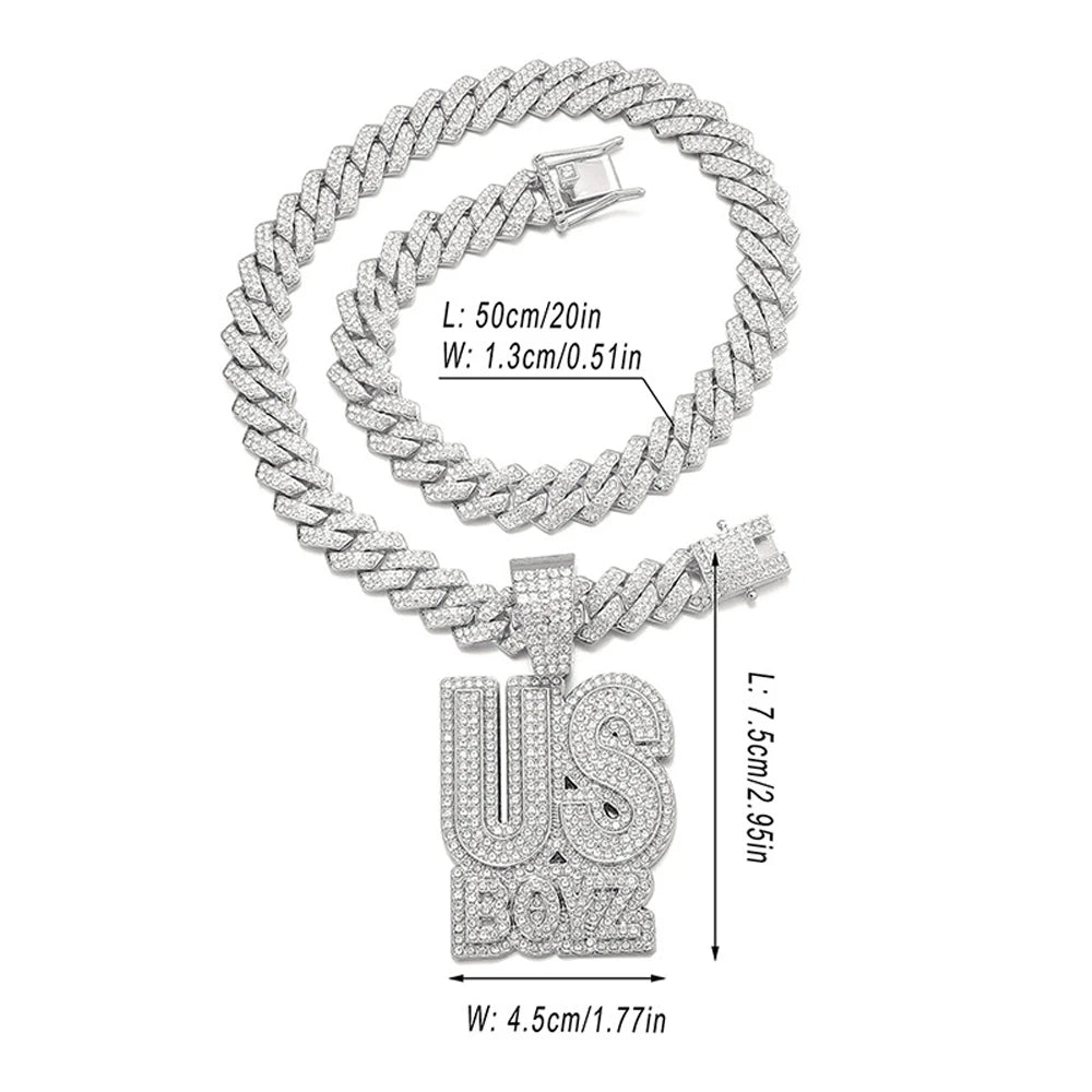 Men's Rhinestone US Boys Letter Pendant Necklace With 13mm Iced Out Bling Square Cuban Chain Charm Fashion Hip Hop Men Jewelry