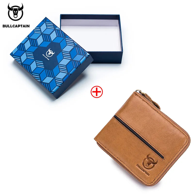BULLCAPTAIN Genuine Leather Men's Wallet Vintage Zipper with Partition Clip RFID Credit Card Holder Burglar Leather Mini Wallet