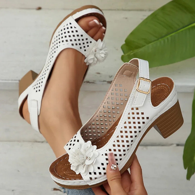 Fashion Flowers High Heels Sandals Women Back Strap Hollow Out Summer Sandles Woman 2025 Plus Size Thick Heeled Sandalias Mujer