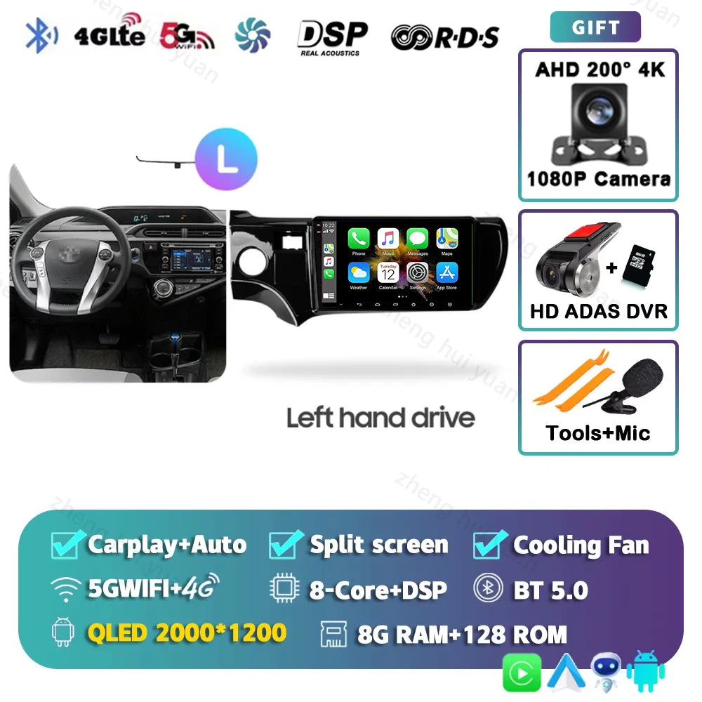 Android 15 CarPlay Auto For Toyota Aqua LHD RHD 2011 - 2017 Car Radio Multimedia navigation video DVD Autoradio Stereo 2din 4G