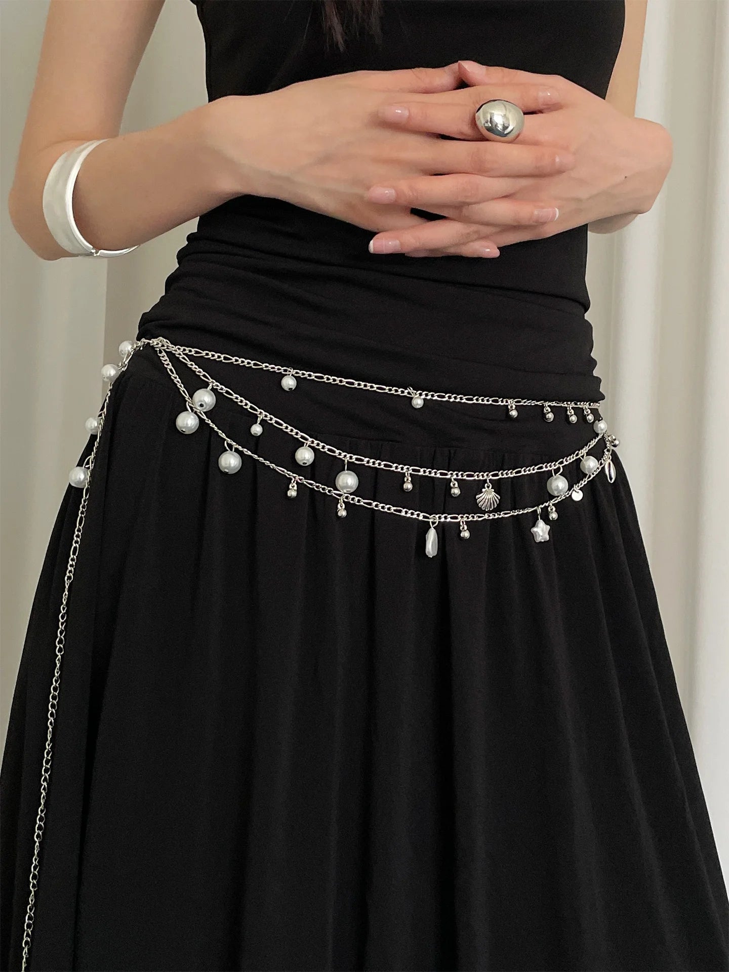Fashionable Multi-Layer Pearl Metal Waist Chain For Women Bohemian Waist Belt Decoration To Match With Skirts