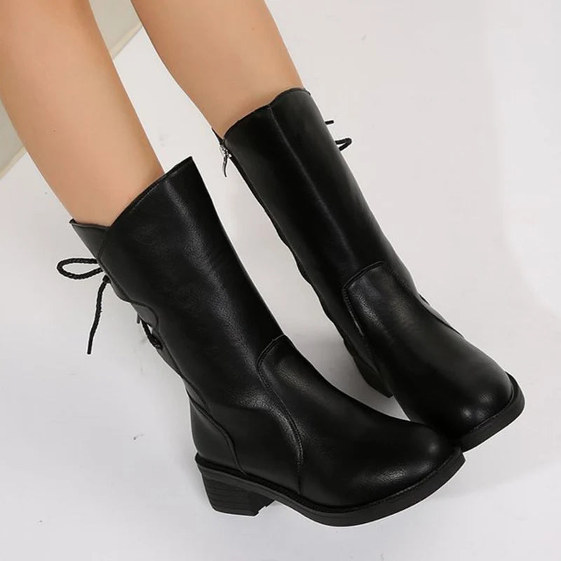 Lace Up Decor Thick Heel Mid Calf Boots Women Fashion Plus Size 43 Zipper Pu Leather Boots Woman Med Heel Autumn Winter Botas