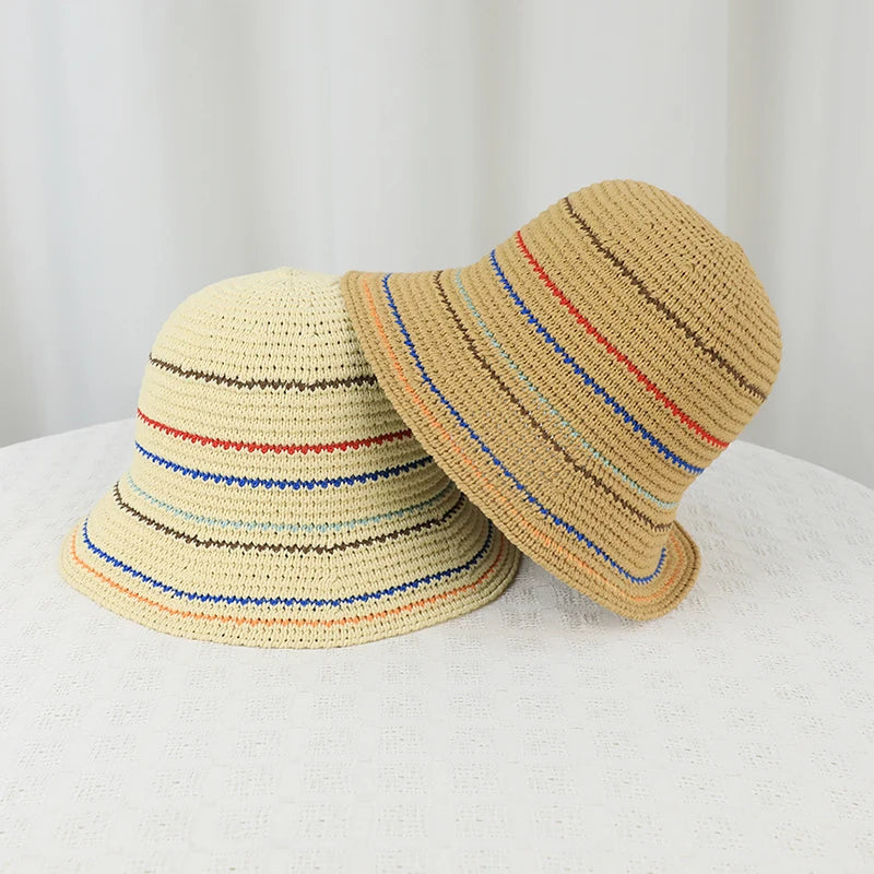 6162-Summer sun protection and shade hat with children's striped knitted mesh ventilation fisherman cap, versatileandsuitablefor