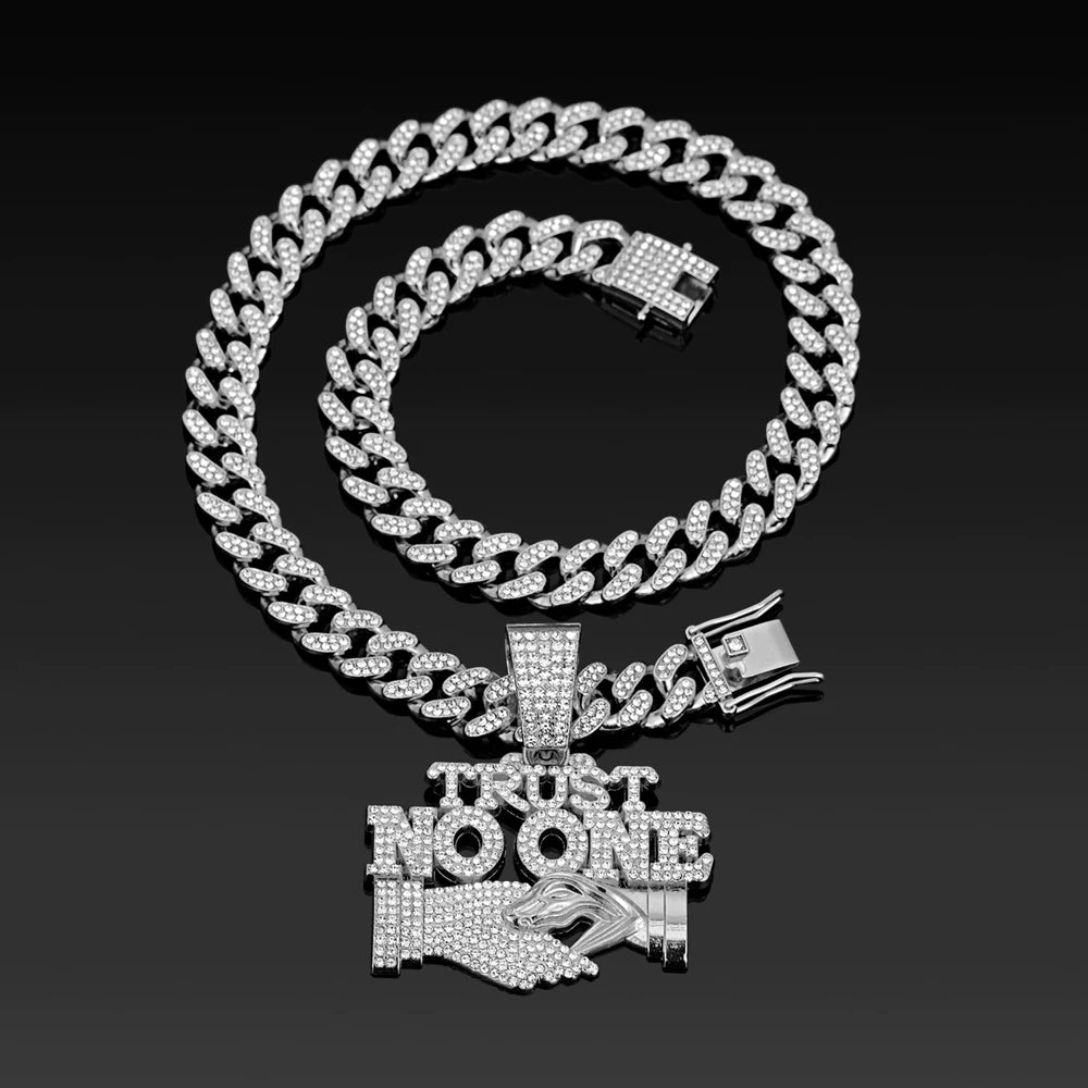 Men's Hip Hop Trust NO One Letters Pendant Necklace with 13mm Cuban Chain Ice Crystal Sparkling Handshake Necklace Jewelry Gifts