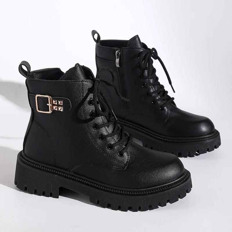 Fashion Buckel Thick Sole Ankle Boots Women Lace Up Punk Motorcycle Boots Woman Pu Leather Thicken Plush Short Booties Mujer
