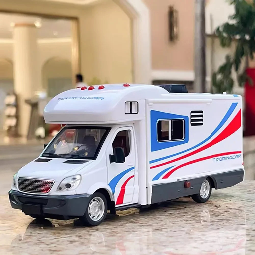 1/32 Tourist RV Model Toys Car Alloy Diecast Vehicle Doors Opened Metal Body Rubber Tire Sound Light Pull Back Toy Gift for Kids