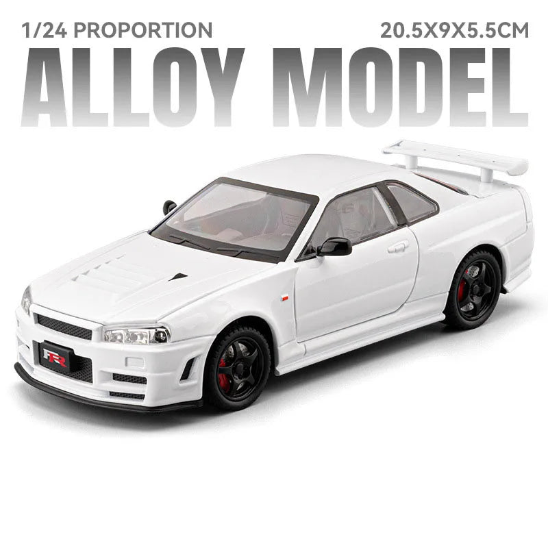 1:24 Skyline GTR R34 Car Model Alloy Diecast Toy Doors Opened Front Wheel Steering Sound Light Pull Back Cars Boys' Collectibles