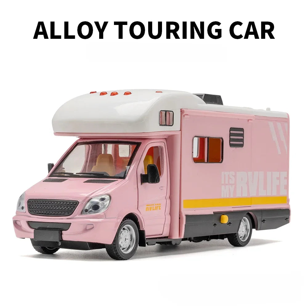1/32 Tourist RV Model Toys Car Alloy Diecast Vehicle Doors Opened Metal Body Rubber Tire Sound Light Pull Back Toy Gift for Kids