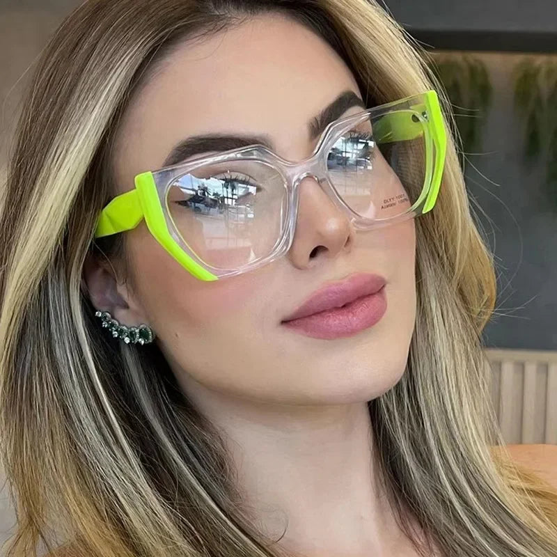 JNPCXI Retro Polygon Cat Eye Green Glasses Frame Women Fashion Double Color Clear Anti-Blue Light Eyewear Men Optical Frame