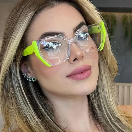JNPCXI Retro Polygon Cat Eye Green Glasses Frame Women Fashion Double Color Clear Anti-Blue Light Eyewear Men Optical Frame