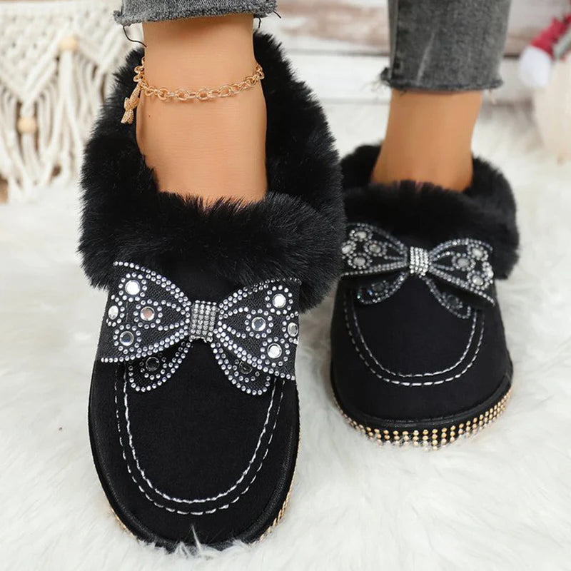 Bowknot Crystal Detor Snow Boot Women Winter Slip On Furry Snow Boots for Woman Round Toe Short Plush Warm Booties Laides
