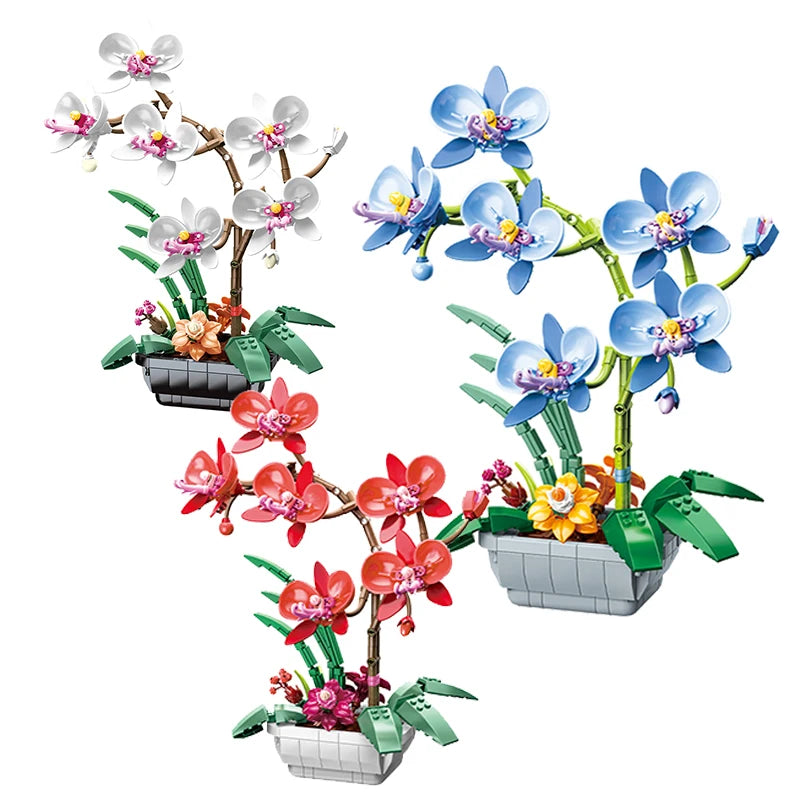 Creative Bouquet Orchid Flowers Building Blocks City Romantic Home Decoration