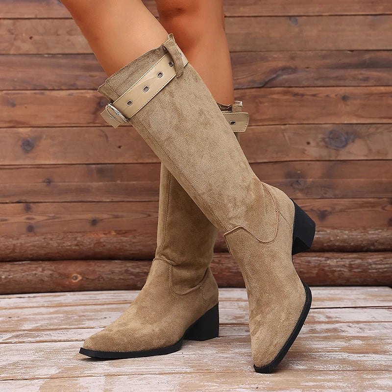 Pointed Toe Flock Knee High Boots Women 2026 Belt Buckle Block Heel Riding Boots Woman Plus Size 42 Thick Heels Long Botas Mujer