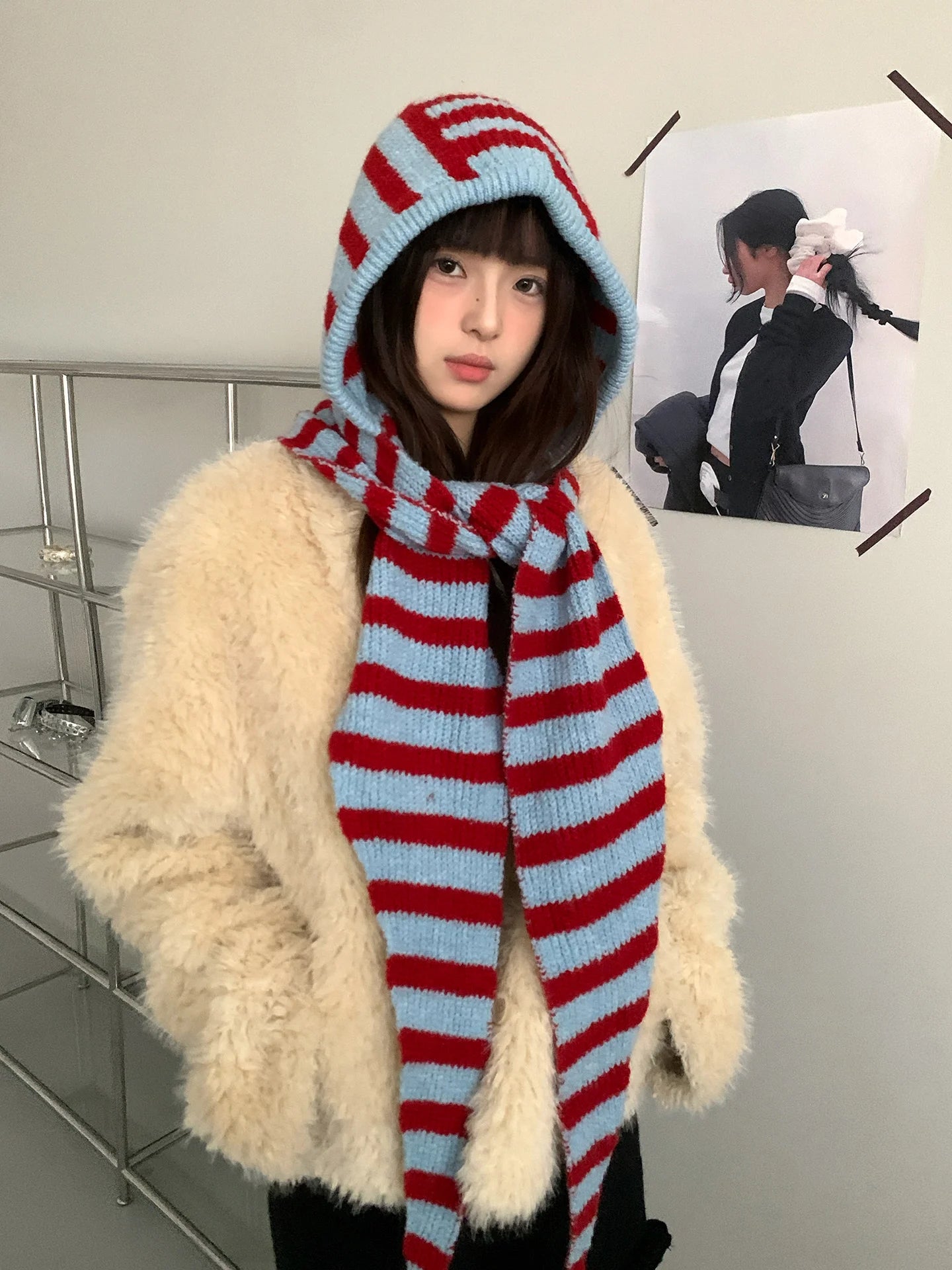 Woolen Korean Style Black And White Striped Knitted Balaclava For Women Winter Warm Ear Protection Hat Scarf One Piece