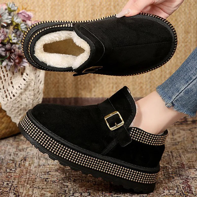 Winter Buckle Detor Ankle Boots Women Fashion Shiny Thick Bottom Snow Boots Woman Faux Suede Short Plush Warm Snow Boots Female