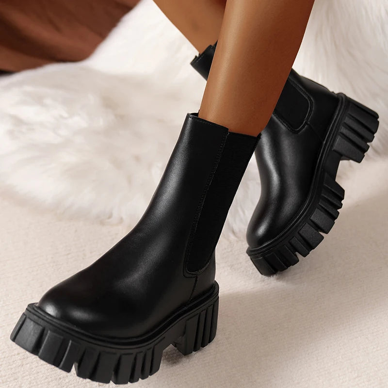 British Style Chunky Platform Ankle Boots Women Plus Size 42 Black Pu Leather Chelsea Boots Woman Zip Thick Sole Short Booties