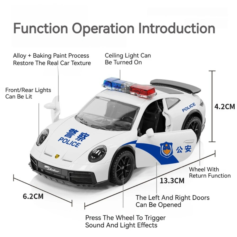 1:32 Charger 911 DaKar Alloy Police Car Model Miniature Toy Rear Wheel Return Force Light Music Door Opened Vehice Boy Xmas Gift