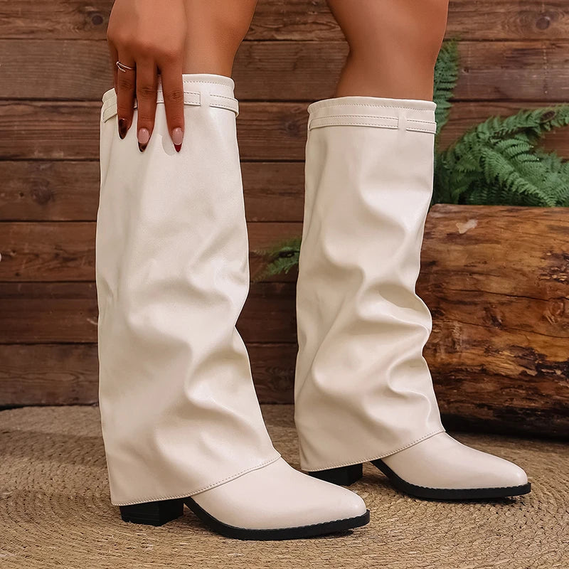 2025 Fashion High Heel Knee High Boots Women Punk Pointed Toe Bike Long Boots Woman Autumn Winter Pu Leather Botas Mujer 36-43