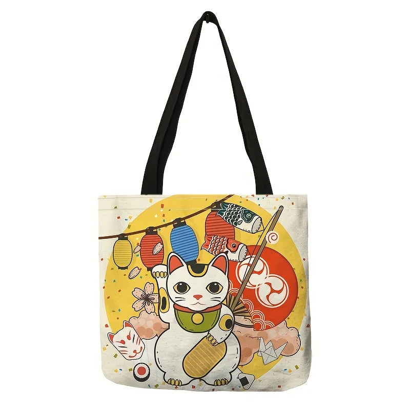 1pc Cute Cat Print Tote Bag, Lucky Fortune Shoulder Bag, Women's Fashion Handbag