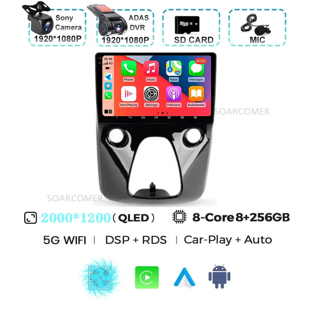 Android 15 For Peugeot 108 Toyota Aygo B40 2013-2021 Citroen C1 2K QLED Android Car Radio Multimedia Video Player GPS 4G stereo