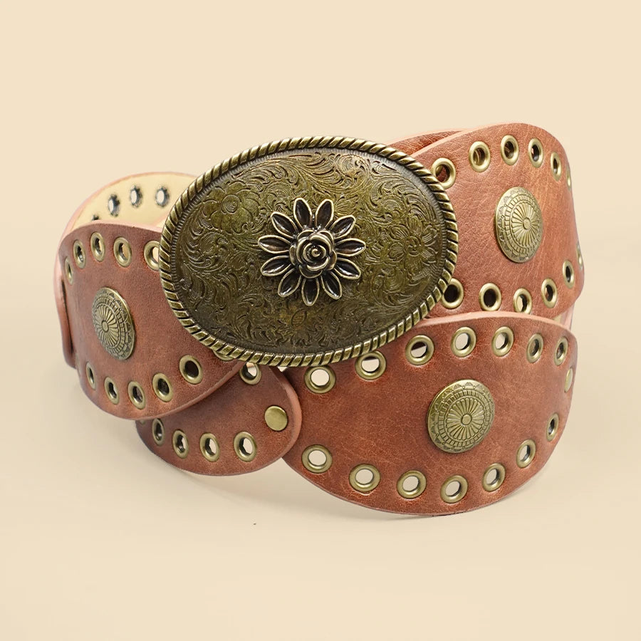 Punk Style Vintage Belt - Round Studded Design with Antique Brass Eyelets, Versatile Waistband for Daily Wear & Urban Styling