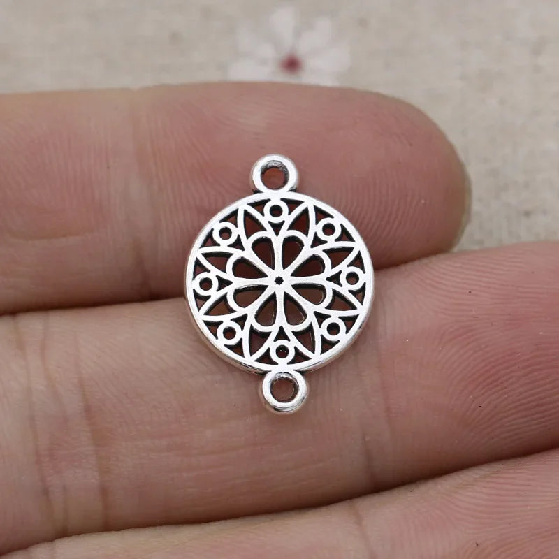 10Pcs Antique Silver Plated Round Flower Charm Connectors for Jewelry Making Bracelet Accessories DIY Findings