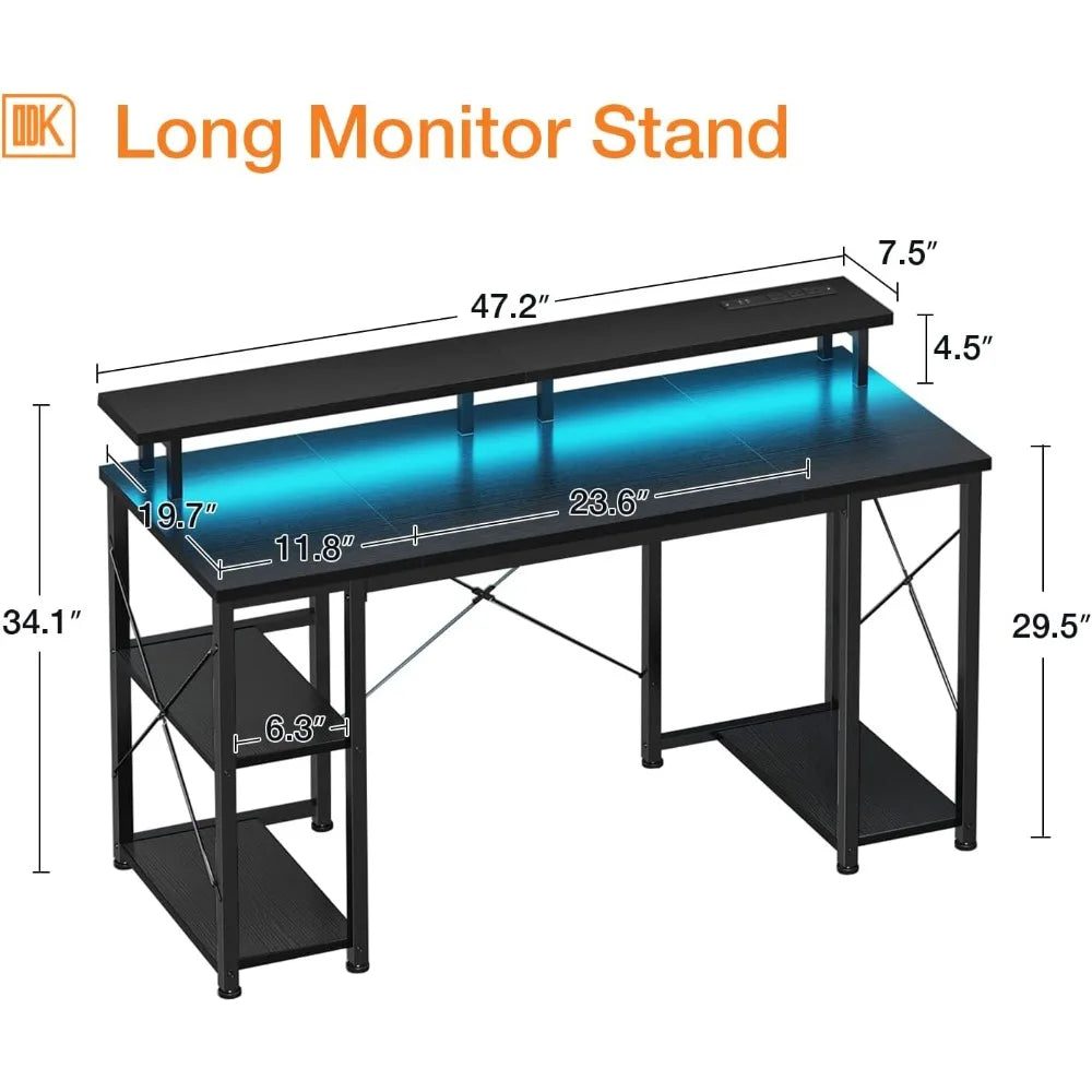 48 " Gaming Desk w/ LED Lights & Power Outlets, Computer Desk w/ Monitor Stand