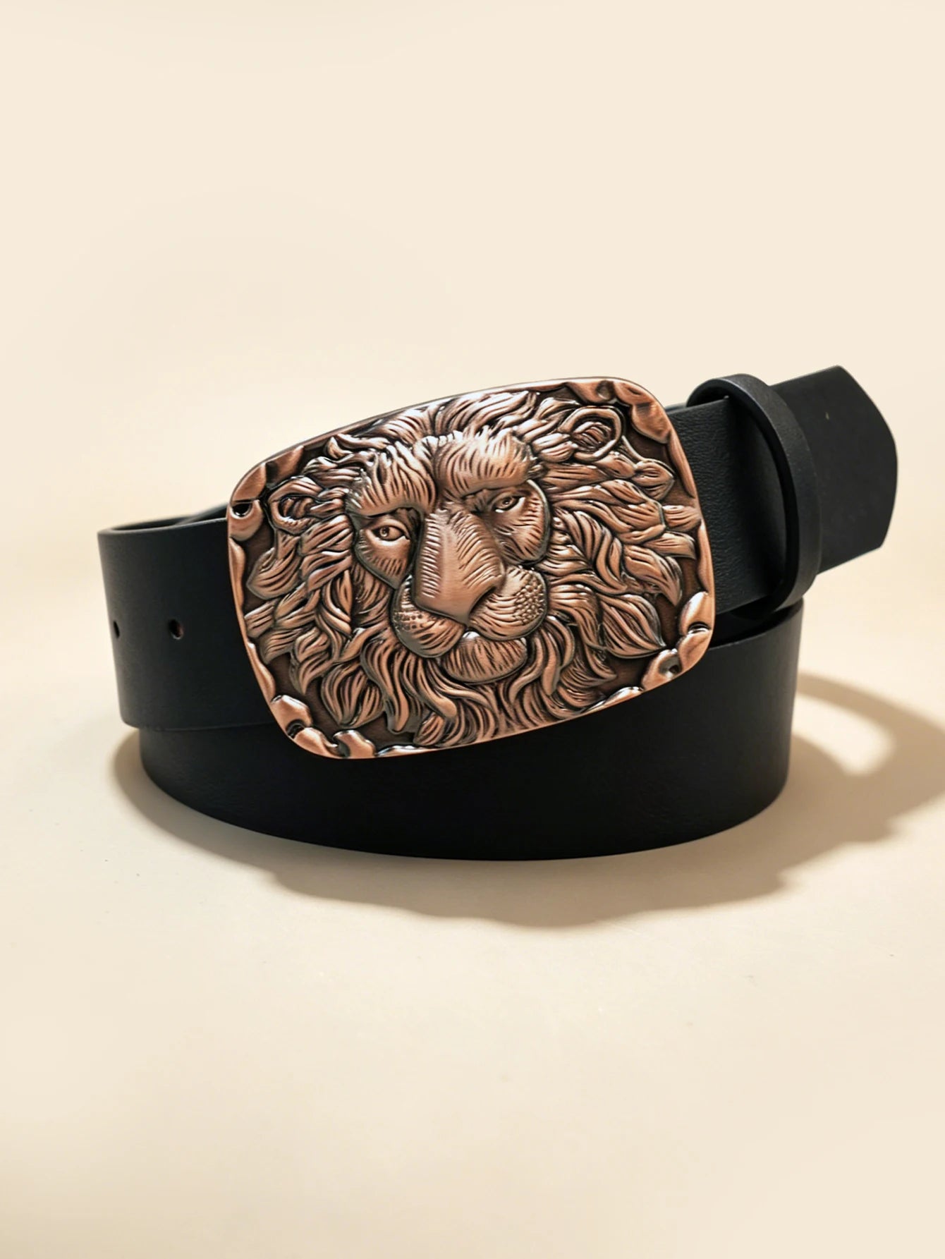 Vintage Lion Head Engraved Belt, Antique Bronze Buckle Men's Floral Embossed Cowboy Waistband