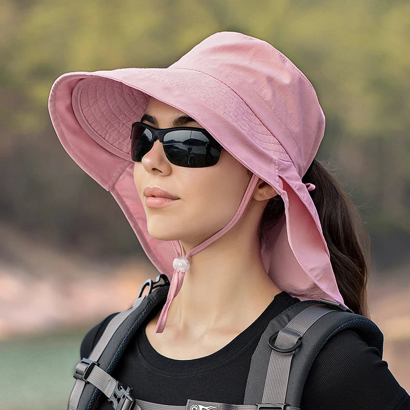 Xinbaoguan 100% polyester summer outdoor sunshade hat, horsetail hole folding face shading, women's fisherman hat