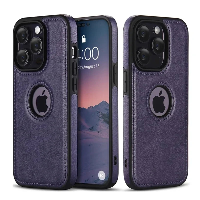 For iPhone 17 Air 11 12 13 14 15 Plus 16 Pro Max Business PU Leather Case Cowhide Logo Hole Shockproof Luxury Protective Cover